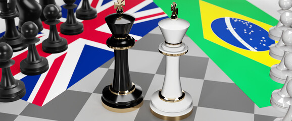 UK England and Brazil - talks, debate, dialog or a confrontation between those two countries shown as two chess kings with flags that symbolize art of meetings and negotiations, 3d illustration