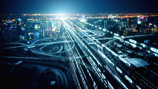 Digital data flow on road in concept of cyber global communication and coding with graphic creating vision of fast speed transfer to show agile digital transformation , disruptive innovation .