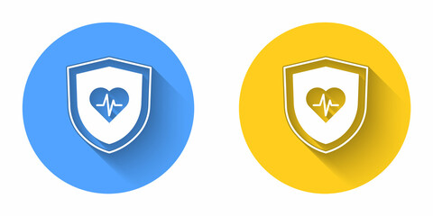 White Life insurance with shield icon isolated with long shadow background. Security, safety, protection, protect concept. Circle button. Vector