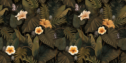 Tropical exotic seamless pattern with flowers in tropical leaves. Hand-drawn 3D illustration. Good for design wallpapers, fabric printing, wrapping paper, cloth, notebook covers.