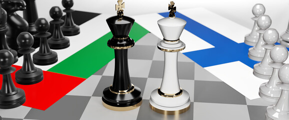 United Arab Emirates and Finland - talks, debate or dialog between those two countries shown as two chess kings with national flags that symbolize subtle art of diplomacy, 3d illustration