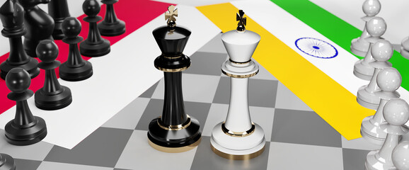 Poland and India - talks, debate, dialog or a confrontation between those two countries shown as two chess kings with flags that symbolize art of meetings and negotiations, 3d illustration
