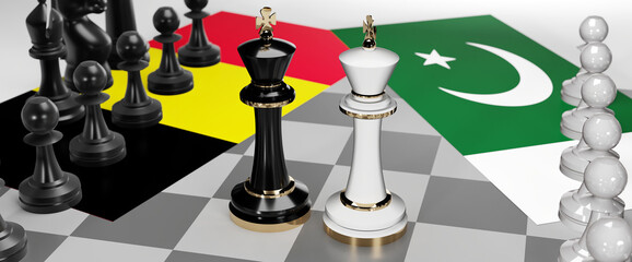 Belgium and Pakistan - talks, debate, dialog or a confrontation between those two countries shown as two chess kings with flags that symbolize art of meetings and negotiations, 3d illustration