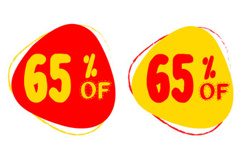 65% OFF Sale Discount Banner. Discount offer price tag. Red and Yellow Lebel