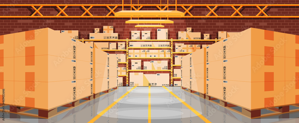 Poster warehouse interior with goods and container package boxes. pile cardboard boxes set. carton delivery