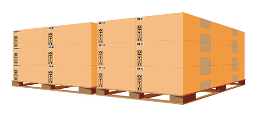 Cardboard Boxes Pile on Wooden Pallet Isolated on White. Carton Delivery Packaging Closed, Sealed, Cubic, Big and Small Box with Fragile Signs. Warehouse, Delivery, Logistics. Flat Vector Illustration