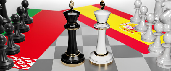 Belarus and Spain - talks, debate, dialog or a confrontation between those two countries shown as two chess kings with flags that symbolize art of meetings and negotiations, 3d illustration