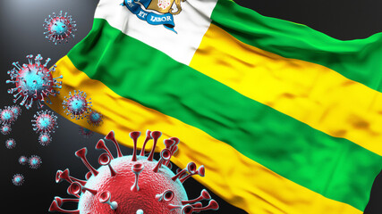 Aracaju and covid pandemic - virus attacking a city flag of Aracaju as a symbol of a fight and struggle with the virus pandemic in this city, 3d illustration