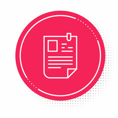 White line Resume icon isolated on white background. CV application. Searching professional staff. Analyzing personnel resume. Red circle button. Vector