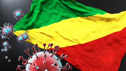 Congo and the covid pandemic - corona virus attacking national flag of Congo to symbolize the fight, struggle and the virus presence in this country, 3d illustration