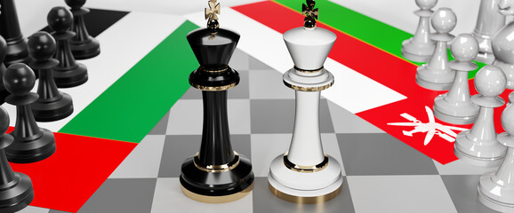 United Arab Emirates and Oman - talks, debate or dialog between those two countries shown as two chess kings with national flags that symbolize subtle art of diplomacy, 3d illustration