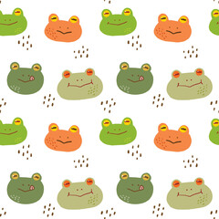 Seamless Pattern with Cartoon Frog Face Design on White Background