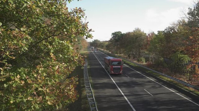 Vehicles Traveling At A28 Motorway Surrounded With Autumn Colored Trees. Veluwe, Netherlands. wide shot