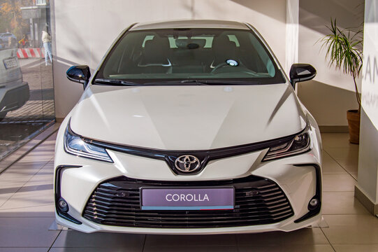 Uzhhorod, Ukraine. March 2021 white car of the Japanese brand Toyota Corolla. Sedan. Reliable and beautiful car.