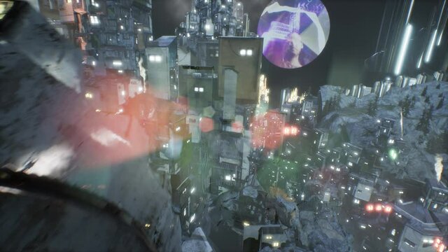 CGI environment of rainy day at a sci-fi slumbs and giant roatating wheel.