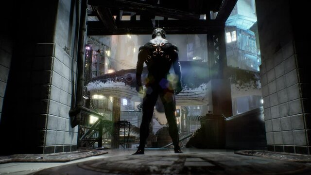 CGI scene of a mysterious alien warrior stands in a dark hallway looking forward on a giant whale flying in the sky.