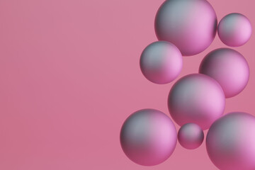 abstract beauty background with shiny iridescent pink and blue spheres, balls with a copy place. Mockup for advertising cosmetics for face, body and hair care. Festive postcard, concept. 3d render
