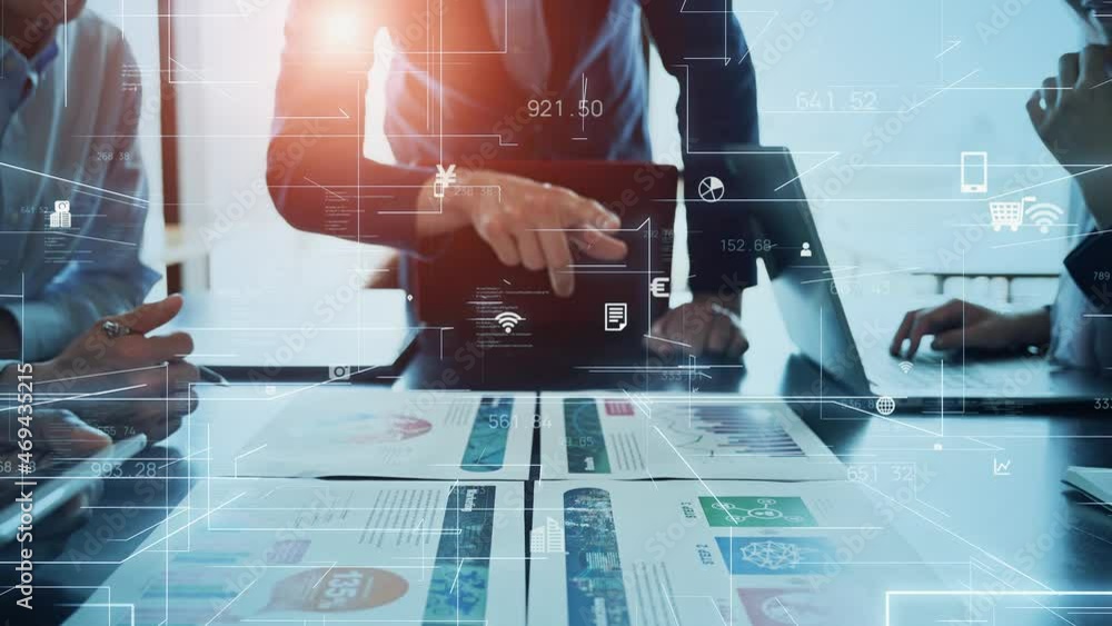 Poster Business and technology concept. Communication network. Data analysis. Management strategy. Digital transformation.