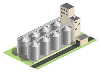 Granary vector illustration, granary for grain. Industrial building, factory - obrazy, fototapety, plakaty