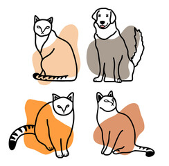 Set of dog and cats in line art trendy style.
