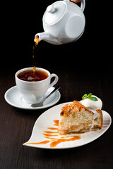 Breakfast with homemade charlotte and hot tea