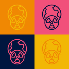 Pop art line Planet earth and radiation symbol icon isolated on color background. Environmental concept. Vector