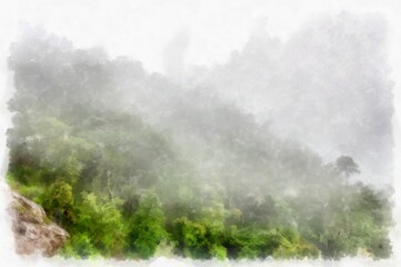 foggy mountain landscape watercolor style illustration impressionist painting.
