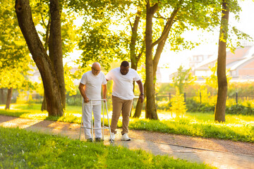 Obraz premium Caregiver is teaching old man to walk with walker. Professional nurse and patient walking outdoor at sunset. Assistance, rehabilitation and health care.