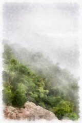 foggy mountain landscape watercolor style illustration impressionist painting.