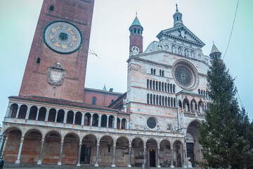 Duomo, Cathedral of Cremona and bell tower Torrazzo, is symbol of the city and tallest pre-modern tower in Italy. One of the most important monuments of Romanesque art in Europe with a Christmas tree.