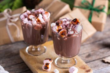 Traditional Christmas drink, hot cocoa chocolate with roasted marshmallows