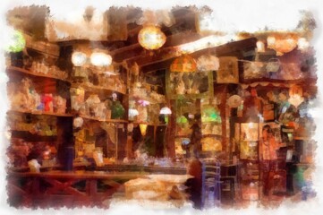 Fototapeta na wymiar Inside an antique shop watercolor style illustration impressionist painting.