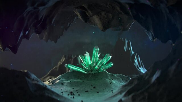 Mineral druse on alien planet. Space mining concept. 3D render animation
