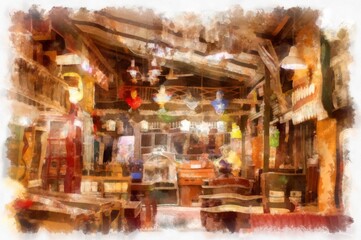 Inside an antique shop watercolor style illustration impressionist painting.