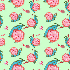 Pomegranate seamless pattern. Mature grains and pomegranate leaves on a green background. Can be used for wallpaper, fabric, wrapping paper or decoration. Hand drawn illustration