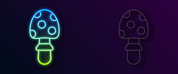 Glowing neon line Amanita muscaria or fly agaric hallucinogenic toadstool mushroom icon isolated on black background. Spotted poisonous mushroom. Vector