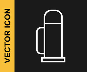White line Thermos container icon isolated on black background. Thermo flask icon. Camping and hiking equipment. Vector