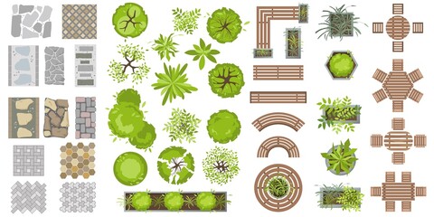 Wooden furniture and tile path top view. Set of benches, plants in pots and tile for landscape design. Collection of architectural elements for projects. Table, chair, bench, pot, tree. Vector flat
