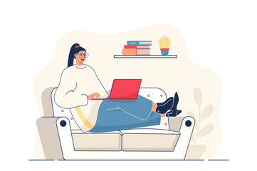 Freelance working concept for web banner. Woman work at laptop sitting at sofa at home. Remote employee online modern person scene. Vector illustration in flat cartoon design with people characters
