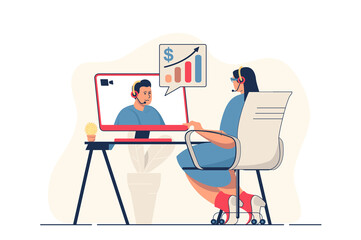 Business webinar concept for web banner. Woman watching online training video with business coach, e-learning modern person scene. Vector illustration in flat cartoon design with people characters