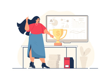 Business award concept for web banner. Businesswoman celebrating victory and achieving goals with trophy cup, modern person scene. Vector illustration in flat cartoon design with people characters