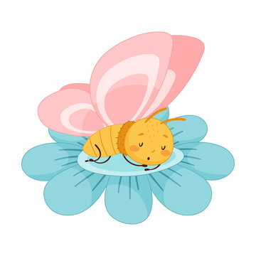 Adorable baby butterfly with pink wings sleeping in flower cartoon vector illustration