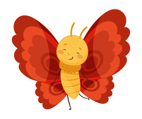 Adorable baby butterfly with bright red wings and funny smiling face cartoon vector illustration