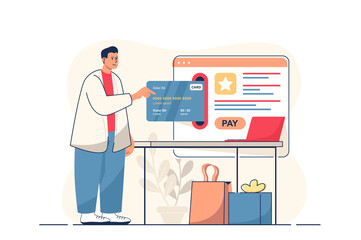 Online payment concept for web banner. Man pays purchases with credit card in online banking using website form, modern person scene. Vector illustration in flat cartoon design with people characters