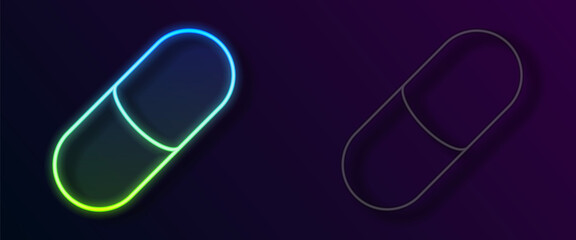 Glowing neon line Sleeping pill icon isolated on black background. Vector