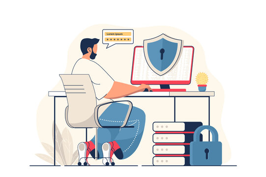 Cyber security concept for web banner. Man gets access using password, online protection of personal accounts, modern person scene. Vector illustration in flat cartoon design with people characters