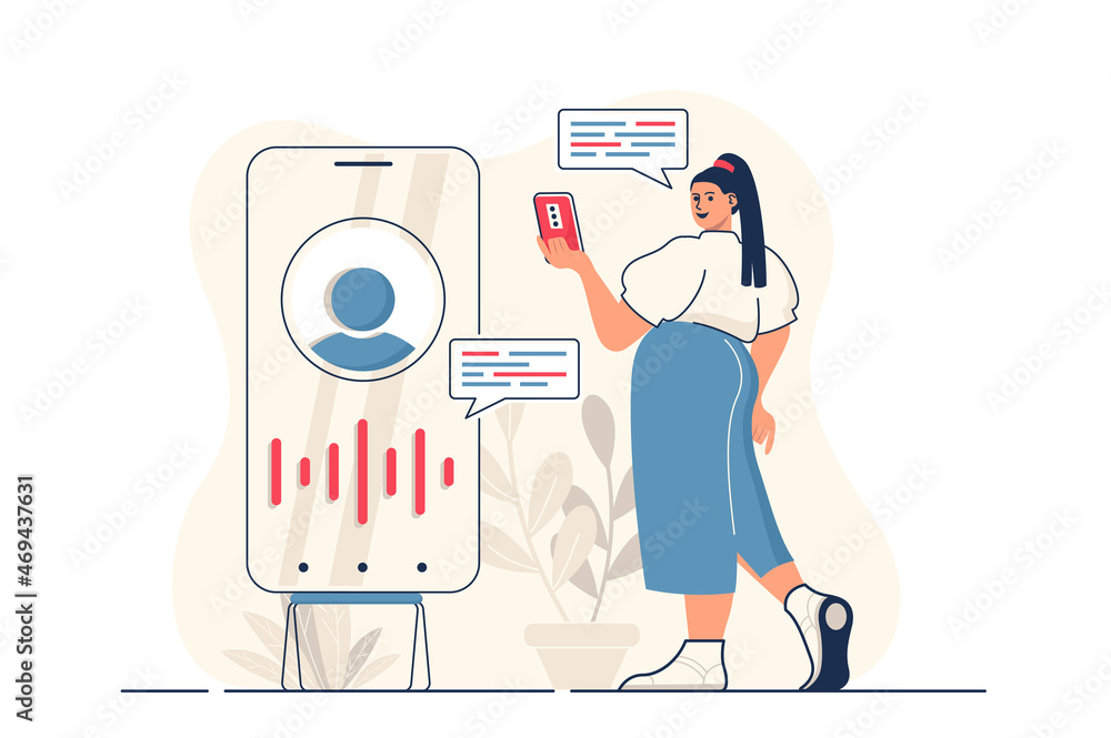 Poster virtual assistant concept for web banner. woman calls or writes message to hotline or customer suppo
