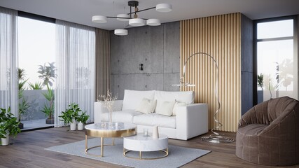 Stylish living room interior of modern apartment and trendy furniture, plants and elegant accessories. Home decor. Template, 3D render. Loft interior, industrial style.
Interior in grey shades Day