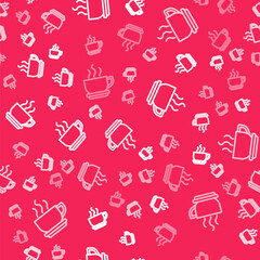 White line Coffee cup icon isolated seamless pattern on red background. Tea cup. Hot drink coffee. Vector