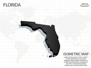 3D Map black of Florida on world map background .Vector modern isometric concept greeting Card illustration eps 10.